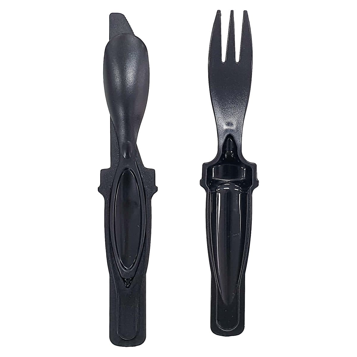 A black cutlery set featuring a fork and spoon, with a compact design and a holder for easy transport.