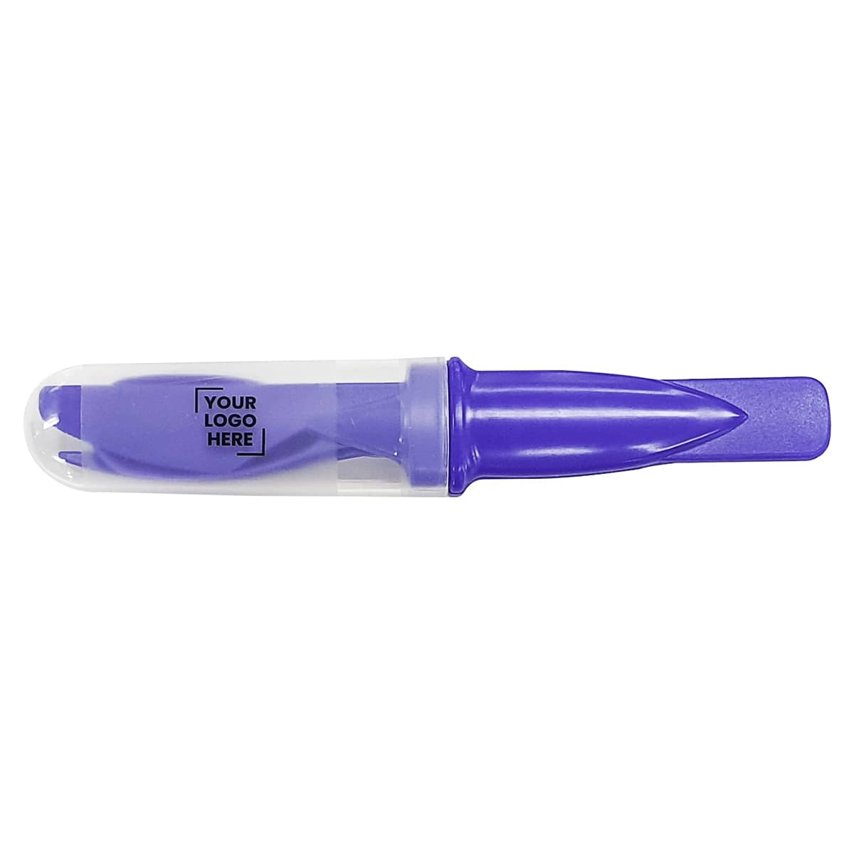 A purple highlighter with a transparent cap and an area for branding.