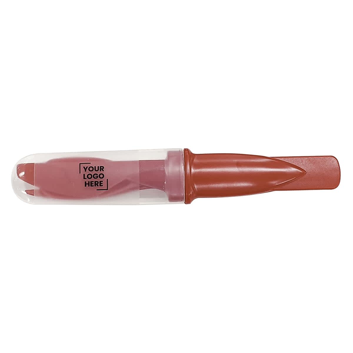 A red highlighter with a transparent cap and a placeholder for branding.
