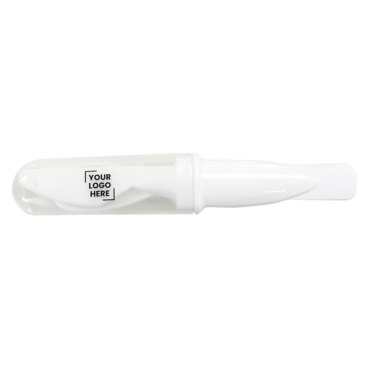 A white promotional pen in a clear plastic casing, featuring a logo.