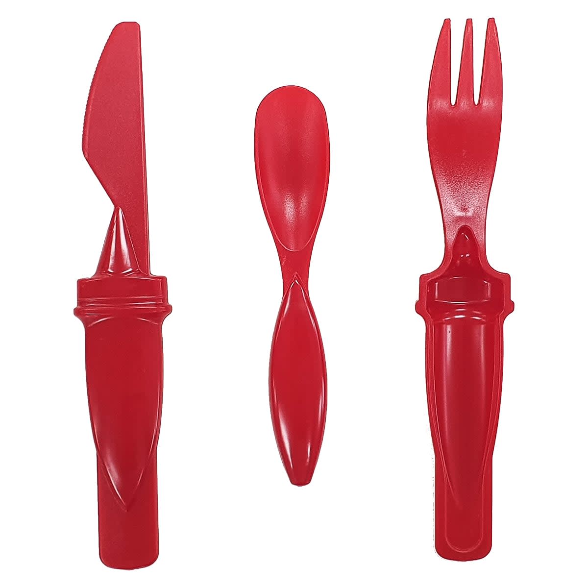A red plastic cutlery set featuring a knife, fork, and spoon, all displayed together.