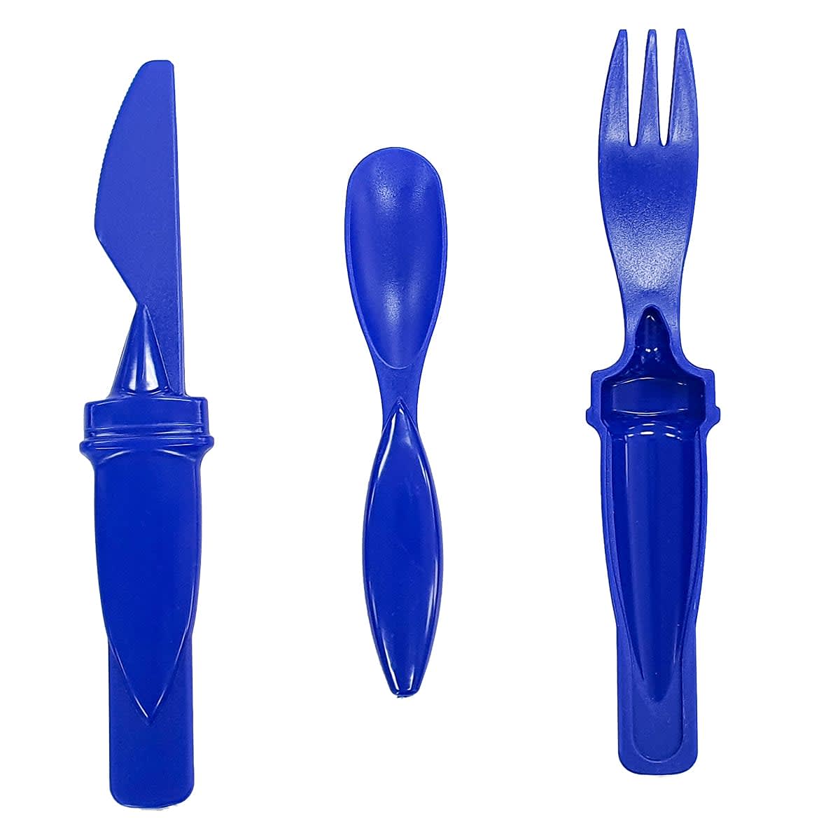 A blue utensil set featuring a knife, spoon, and fork, all with matching designs. The set includes a logo.