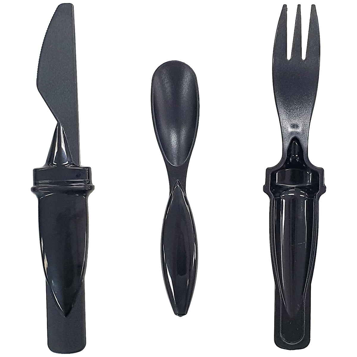 A black cutlery set featuring a knife, spoon, and fork, each with a sleek design and a handle.