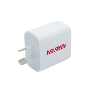A white 20W fast charge adapter with a logo, featuring two prongs for connecting to power outlets.