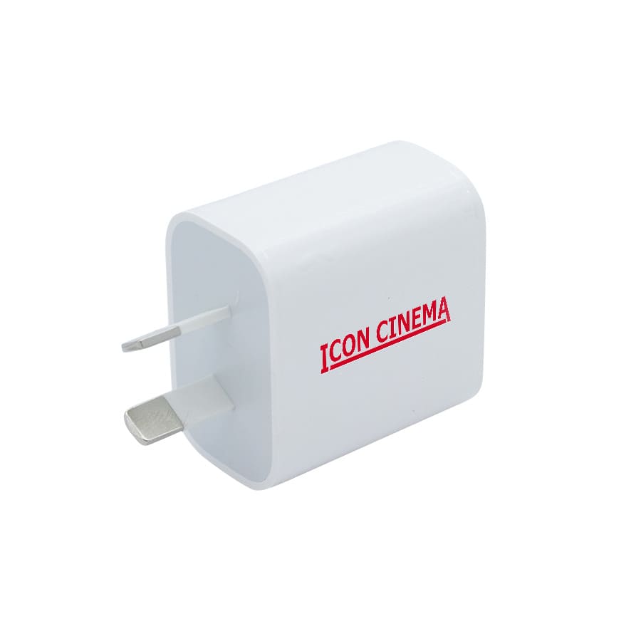 A white 20W fast charge adapter with a logo, featuring two prongs for connecting to power outlets.