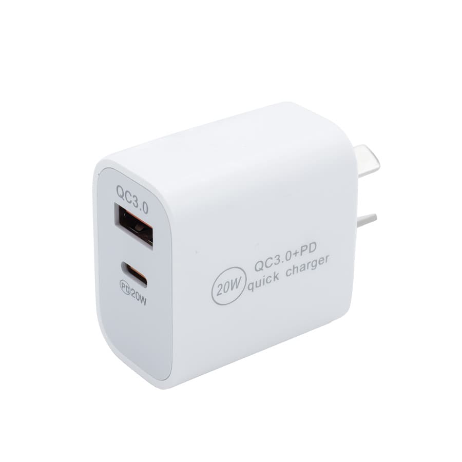 A white 20W fast charge adapter with two USB ports and a plug. It features a compact design and has a logo.