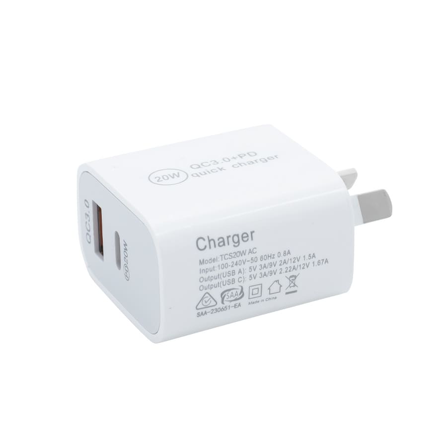 A white 20W fast charge adapter with a plug and a USB port. The product features a logo on the side.
