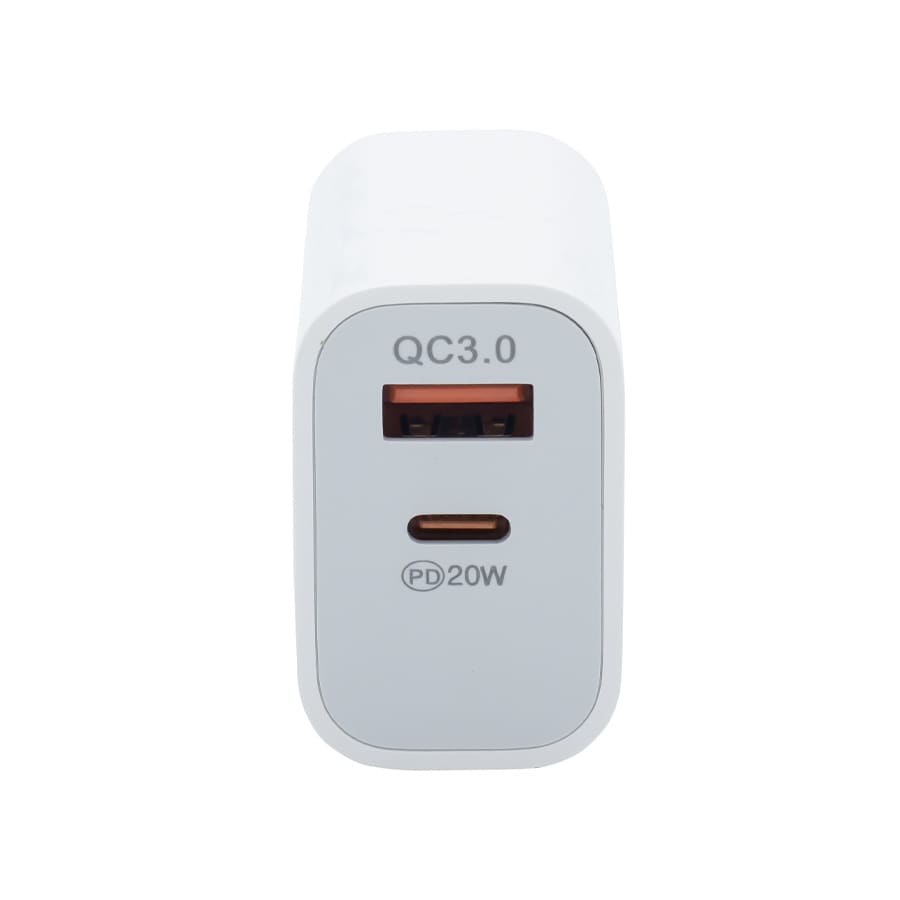 A white fast charge adapter featuring USB ports for Quick Charge 3.0 and PD 20W. It has a simple design with a logo.