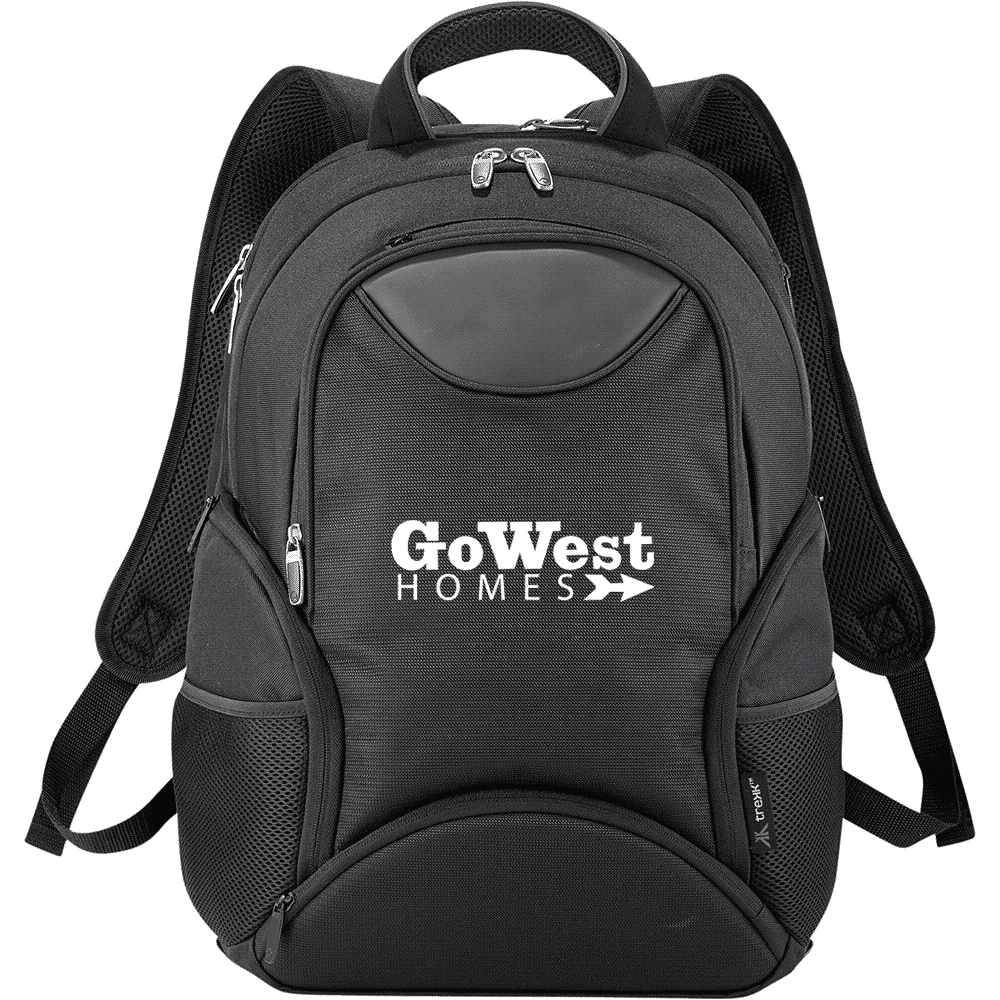 A black 35L laptop backpack featuring padded straps and a pocket, with a logo on the top.