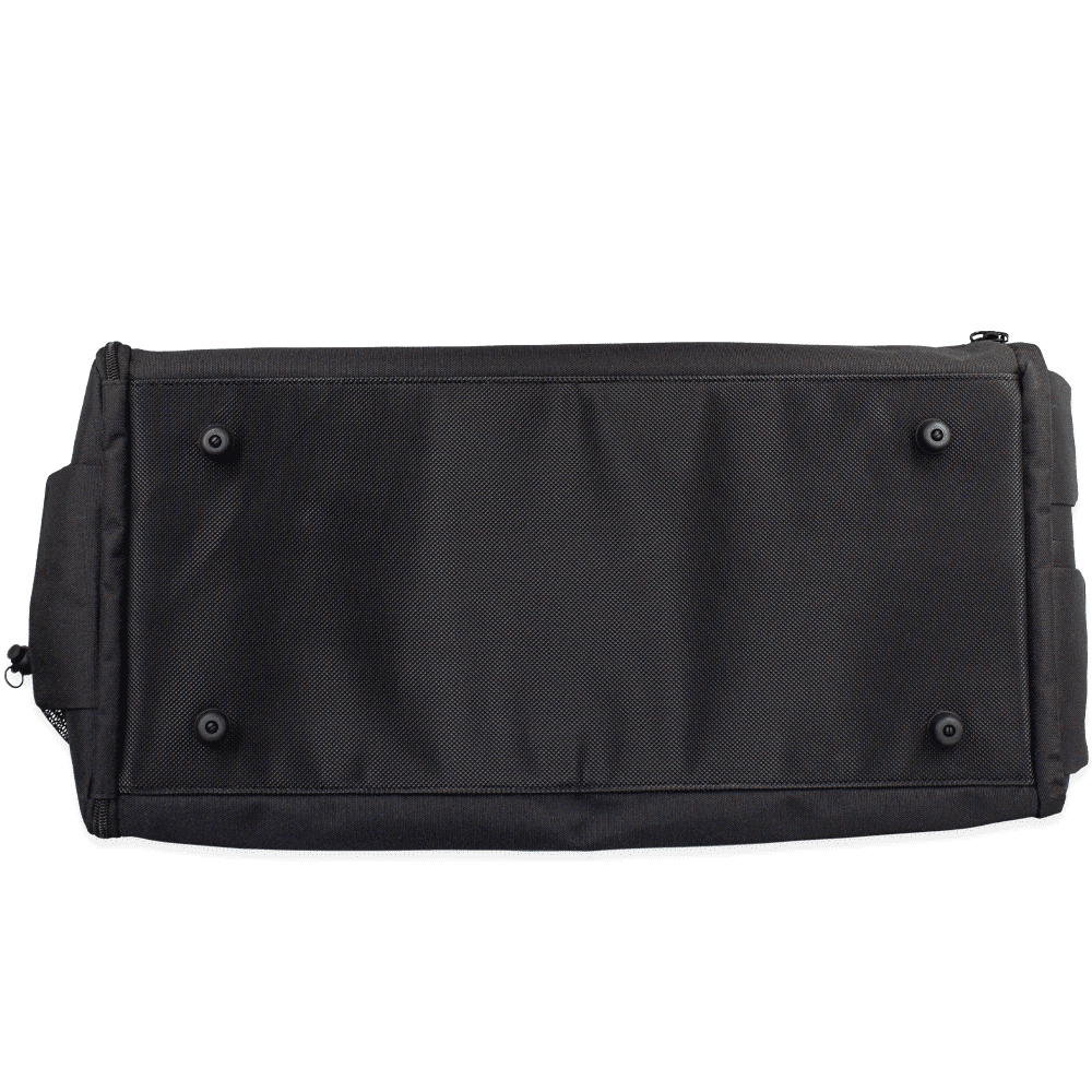 A black duffle bag with mesh pockets and dual handles, featuring a shoulder strap and branding.