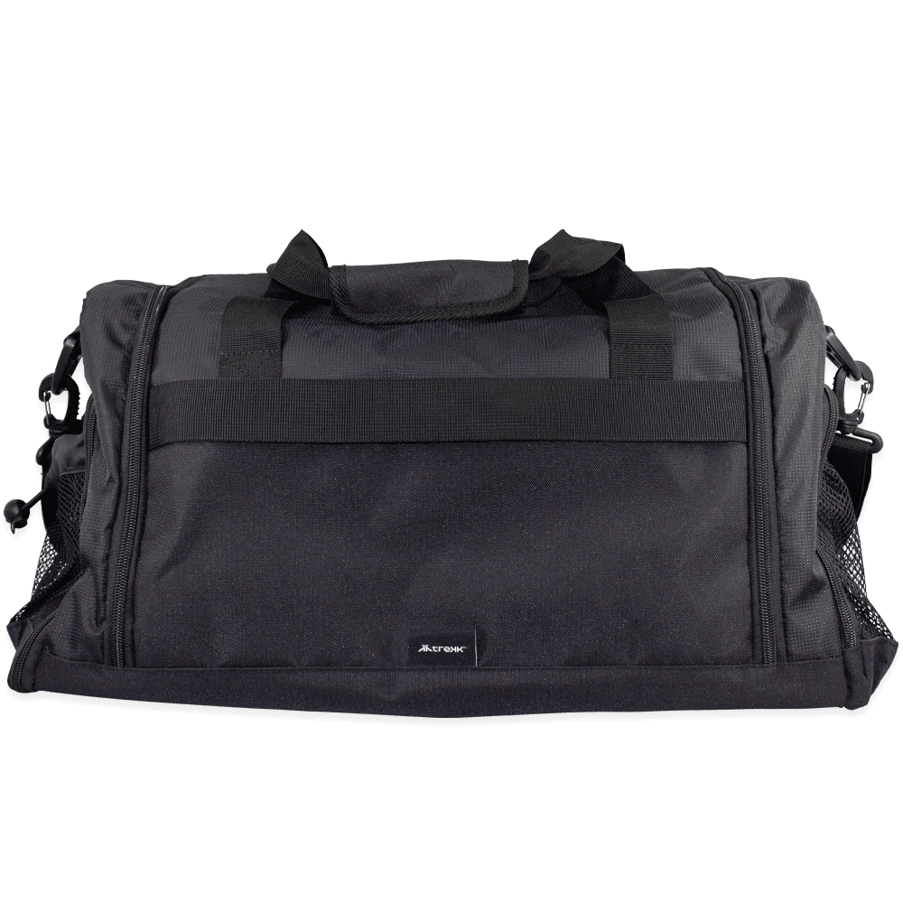 A black duffle bag with a textured surface, featuring a zip closure and a logo.
