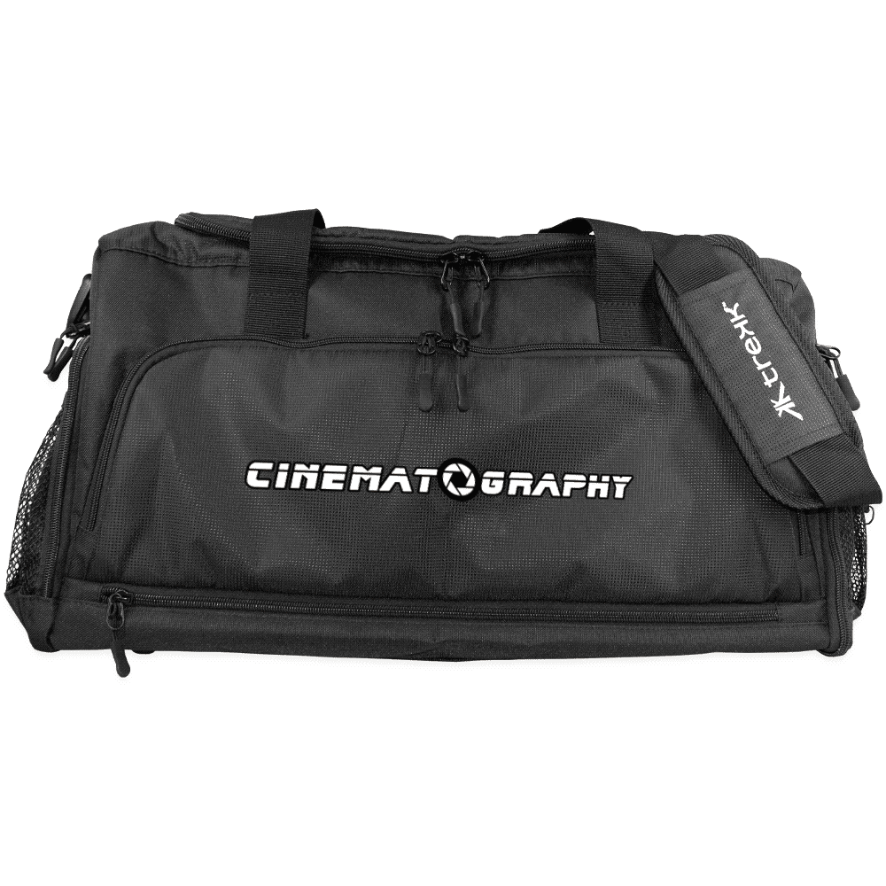 A black duffle bag with a side compartment for shoes and a drink bottle holder.