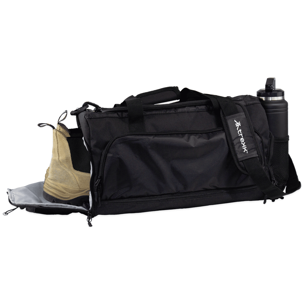 A black duffle bag with a branded logo and multiple zippered compartments.