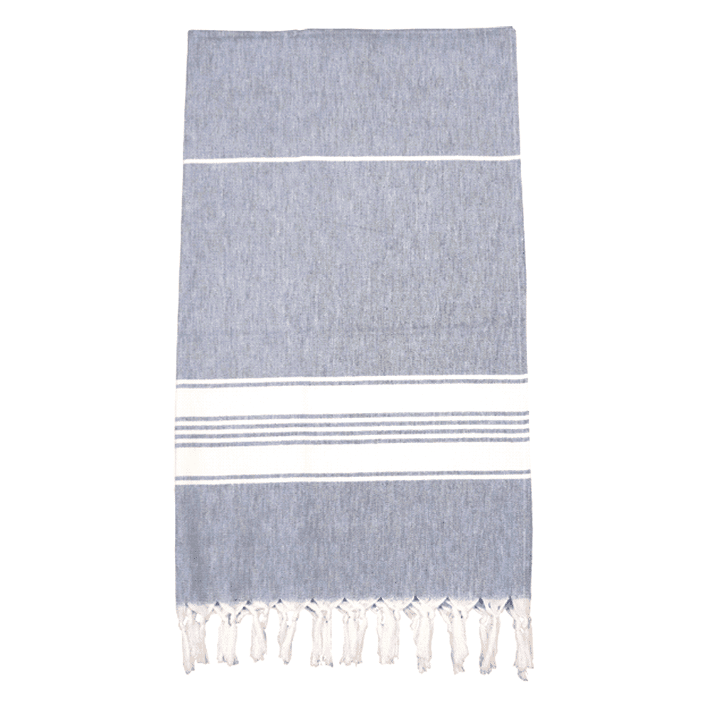 A 100% cotton Turkish towel in grey and white with tasselled edges, suitable for beach use.