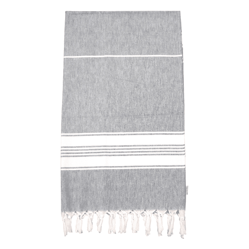 A grey and white 100% cotton Turkish towel with fringed edges and a simple striped pattern.