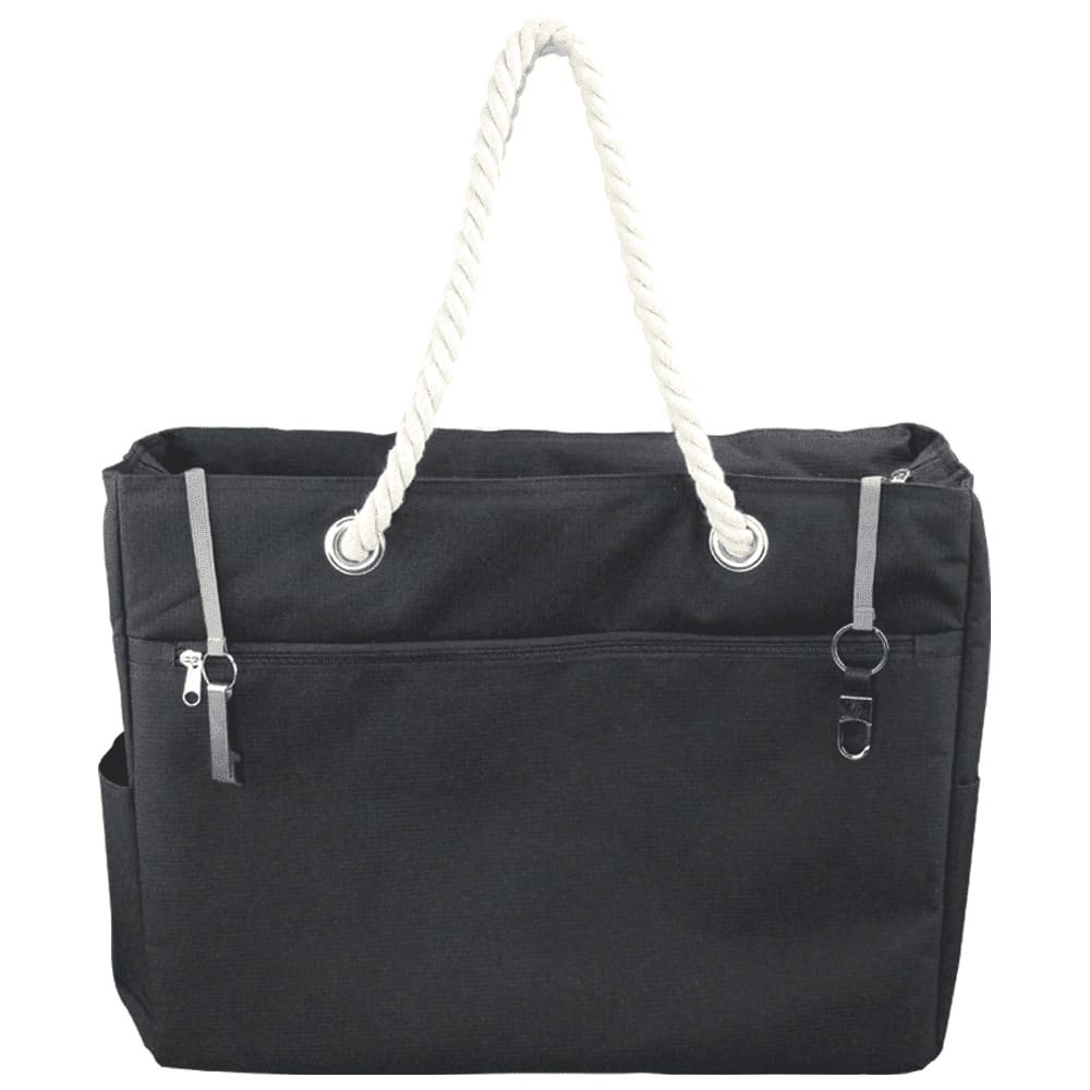 A navy blue waterproof beach bag with rope handles and a front pocket, featuring a logo on the side.