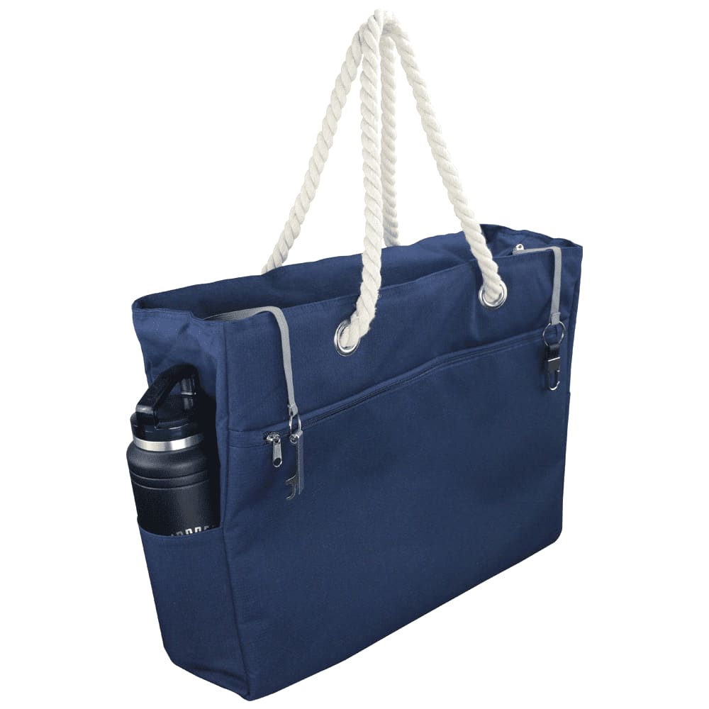 A black waterproof beach bag with a rope handle and a zip pocket, featuring a logo on the front.