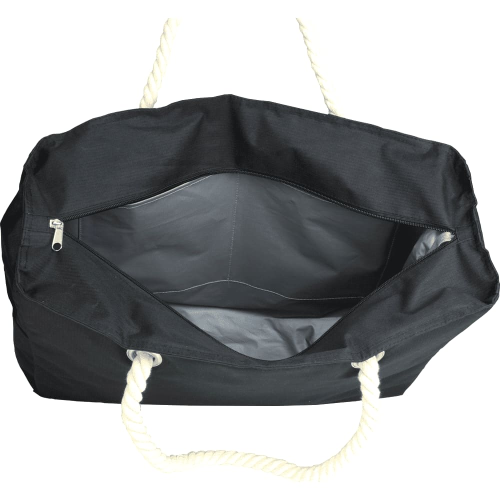 A close-up of a navy blue waterproof beach bag, featuring a small branded tab.