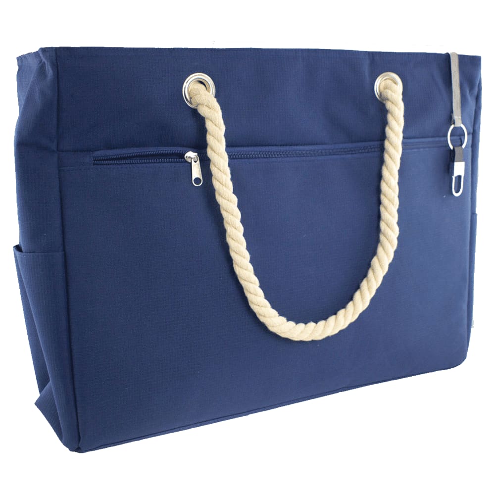 A black waterproof beach bag with a white rope handle and front zip pocket. Features a side pocket and branding.