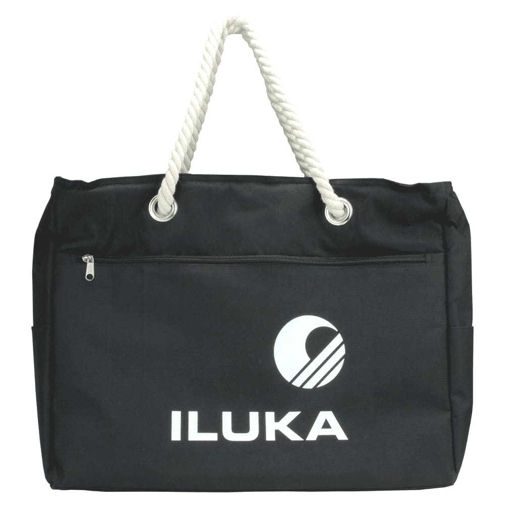 A black waterproof beach bag with a rope handle and a sun graphic, featuring zipped and open pockets.
