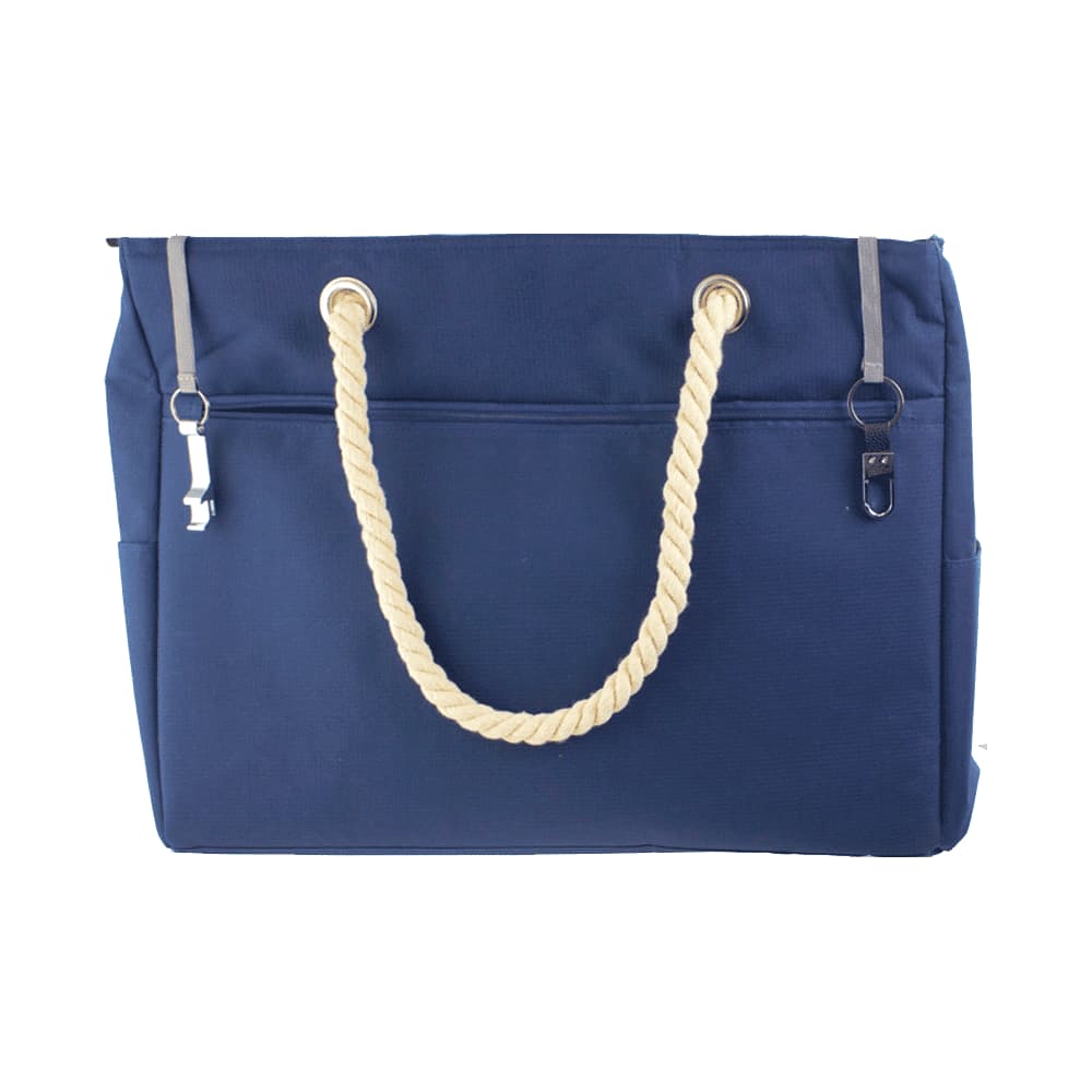 A navy waterproof beach bag with a rope handle, featuring a drink bottle and a towel tucked in.