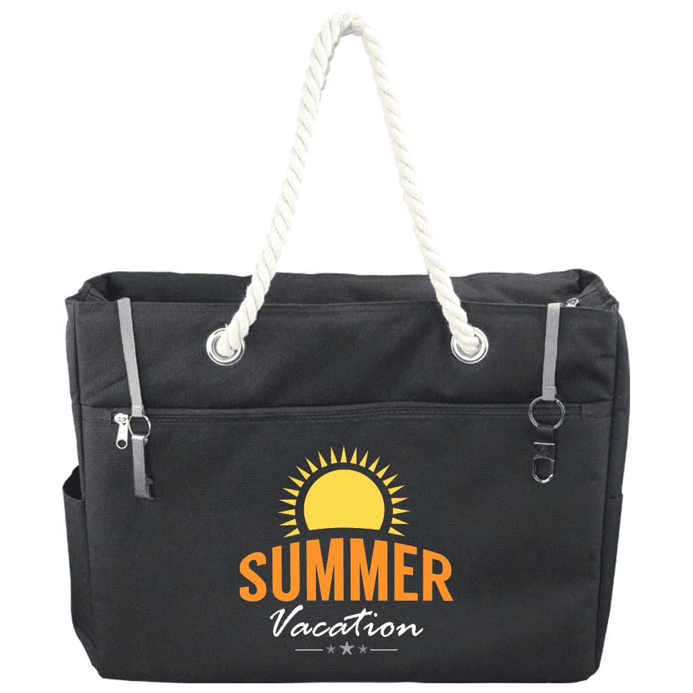 A waterproof black beach bag with a white rope handle, featuring an open interior for easy access.