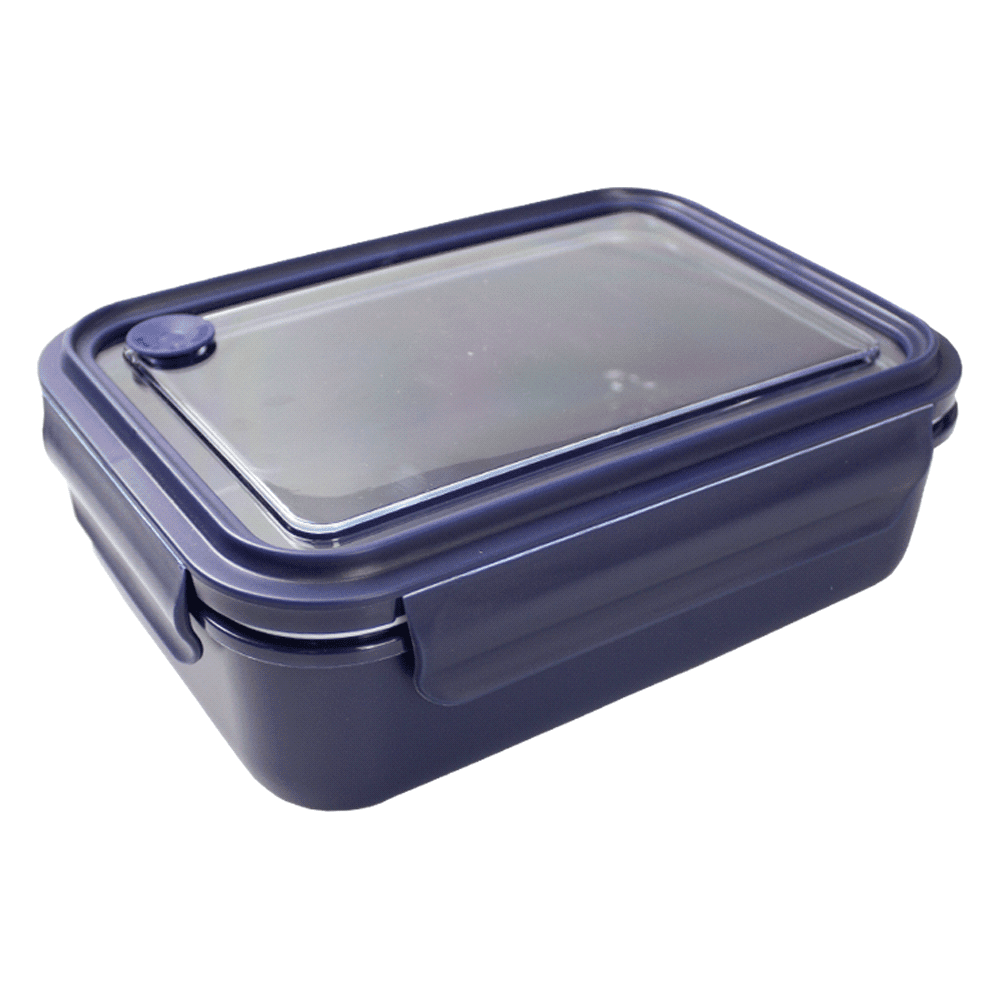 A reusable container in clear with a black lid, designed for storage. It features a logo on the side.