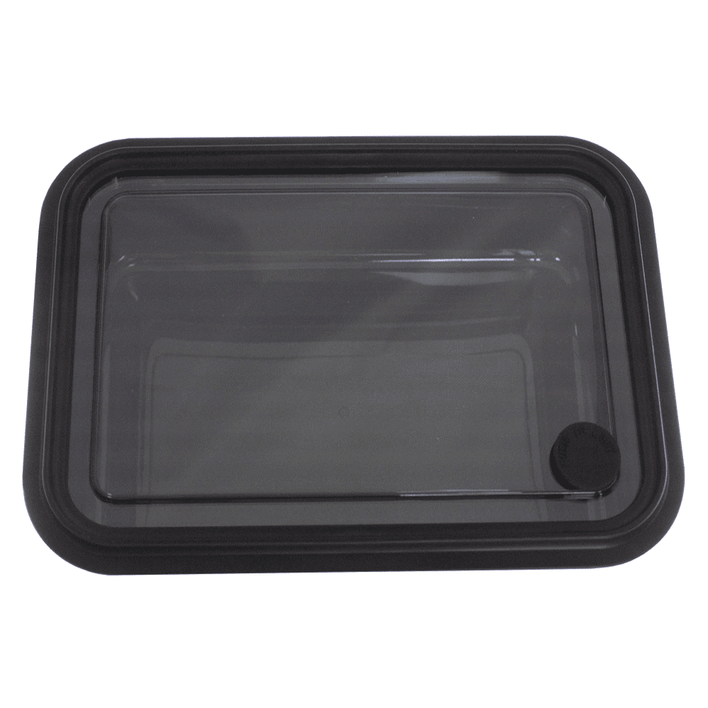 A reusable container in navy blue with a clear lid and a logo, designed for storage.