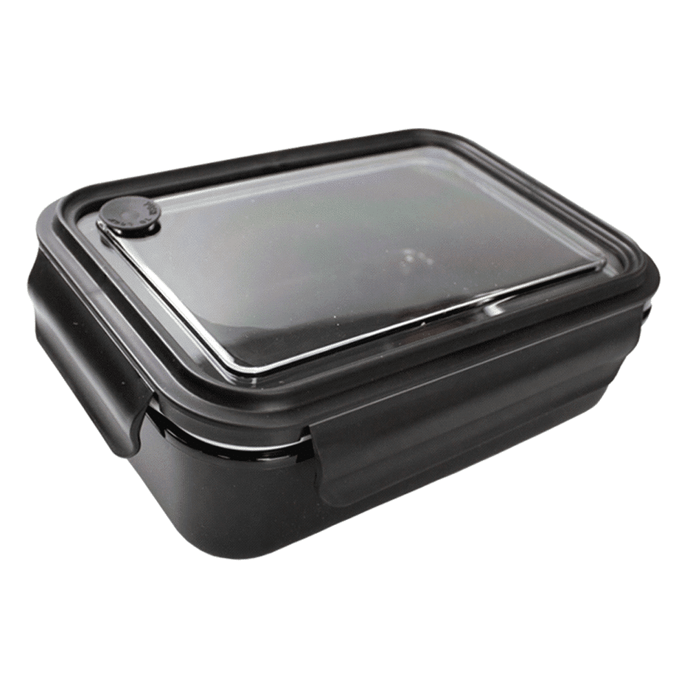 A reusable container in translucent blue with a black lid and a logo, designed for storing food.