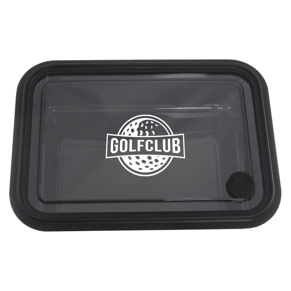 A reusable black container with a clear lid, featuring a logo. Ideal for lunch or snacks.