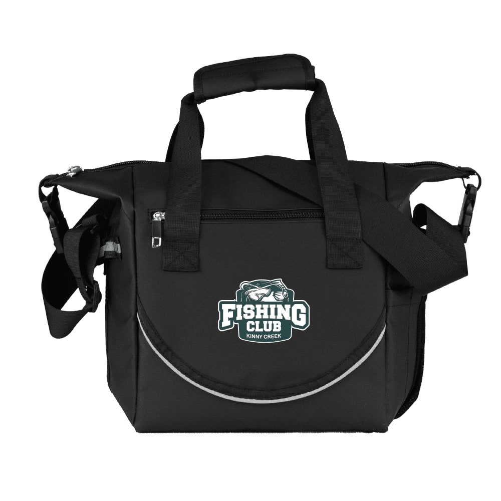 A black cooler bag with an open top, revealing a spacious grey interior. It features handles and zippers.