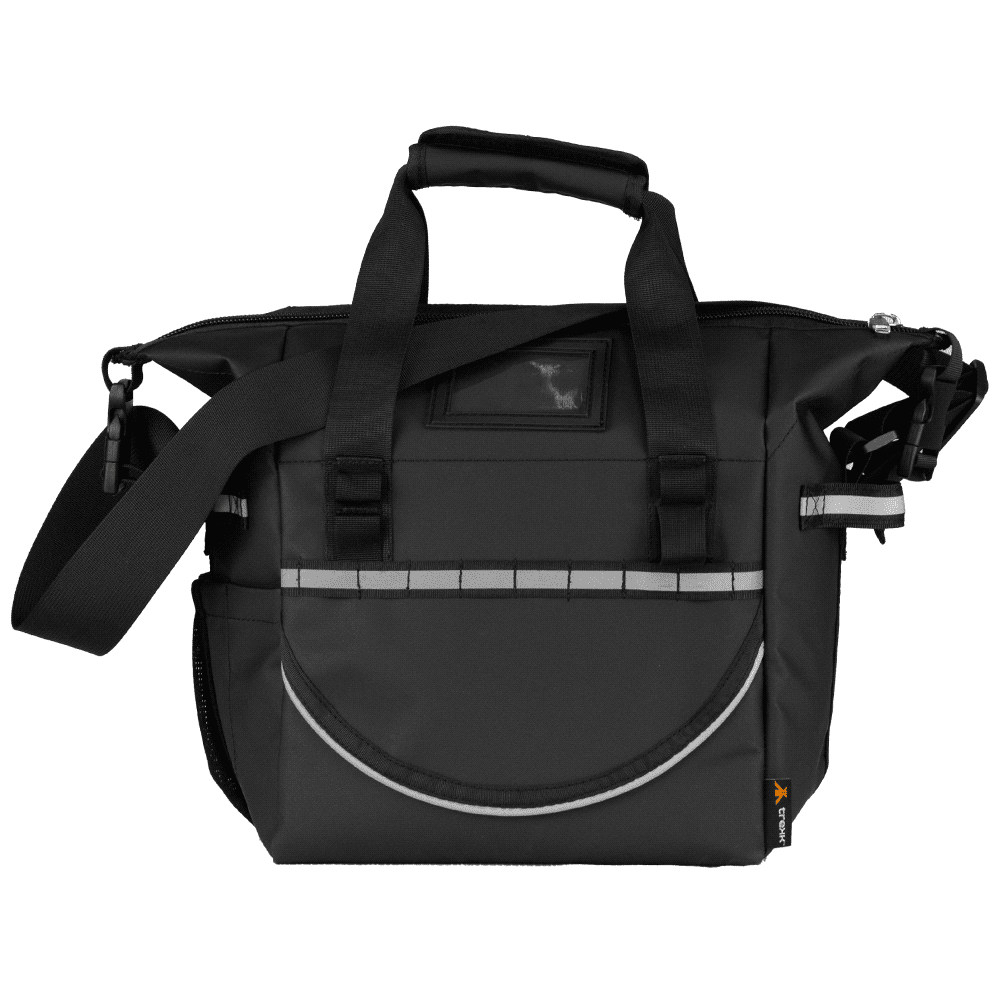A black cooler bag features reflective detailing and multiple pockets, designed for carrying items securely. It has a logo.