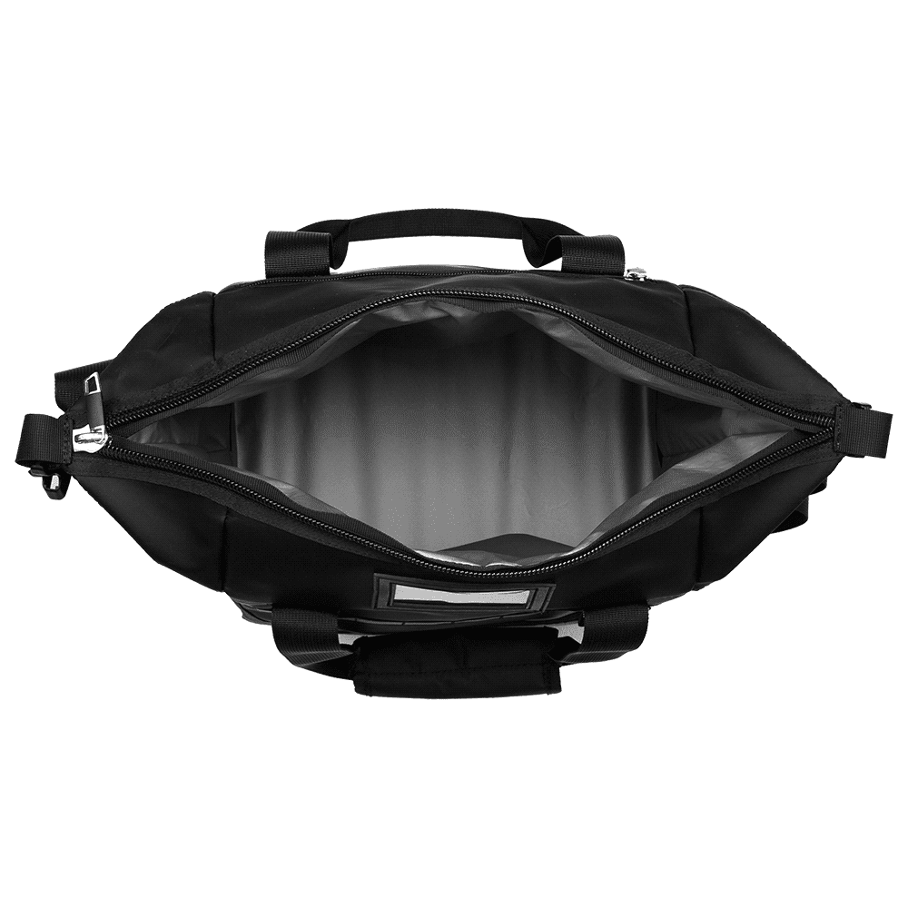 A black cooler bag with adjustable shoulder straps, featuring a front pocket and reflective stripes. Includes branding.