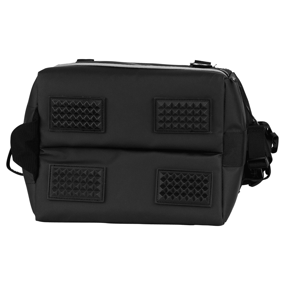 A black cooler bag with handles and a shoulder strap, featuring a front pocket and reflective detailing.