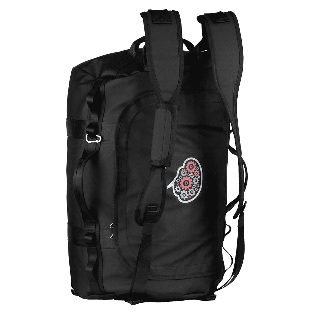 A black duffel bag with adjustable straps and a sturdy handle, featuring multiple attachment points and storage options.