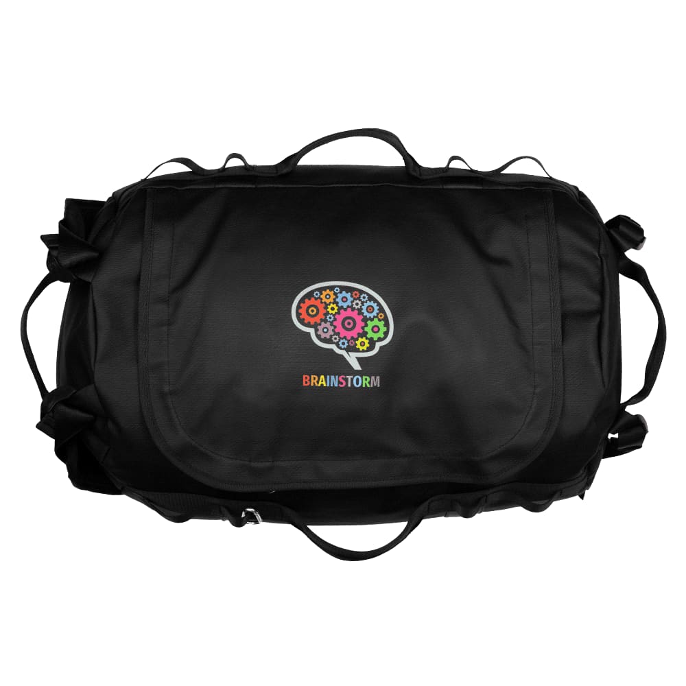 A black 45L duffel bag with adjustable straps and a branded logo, designed for rugged outdoor use.