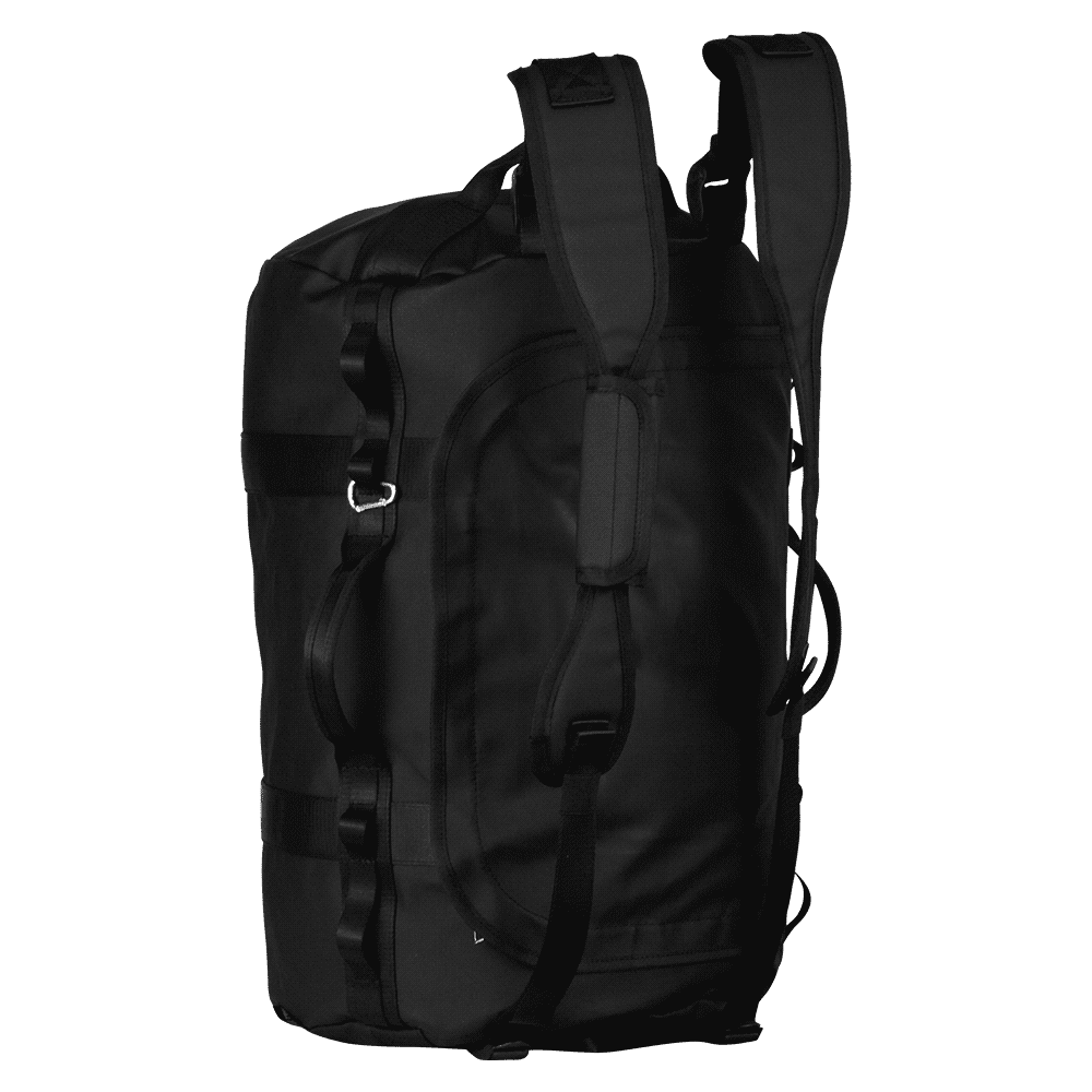 A black duffel bag with a textured base and adjustable straps, worn on a person's back against a blue background.