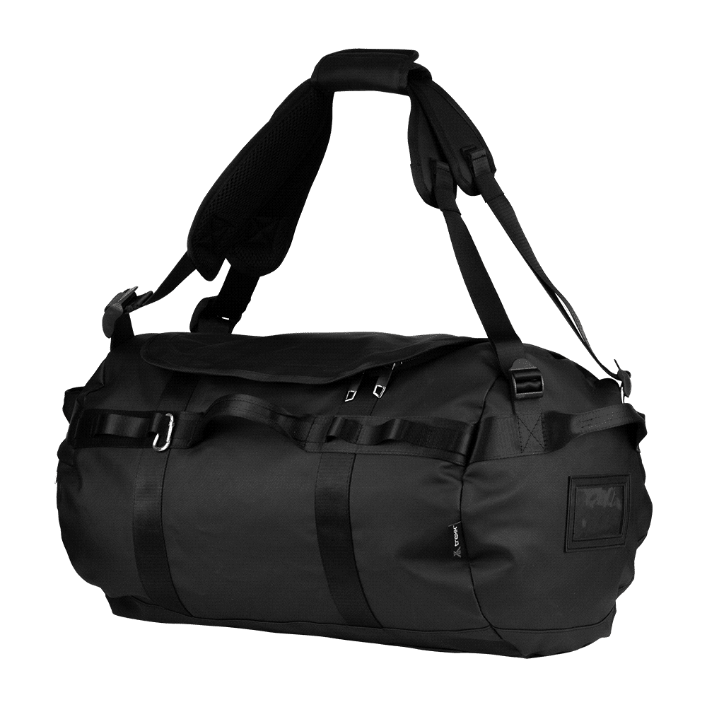 A black duffel bag featuring adjustable shoulder straps and webbing for added support, with a logo on the side.
