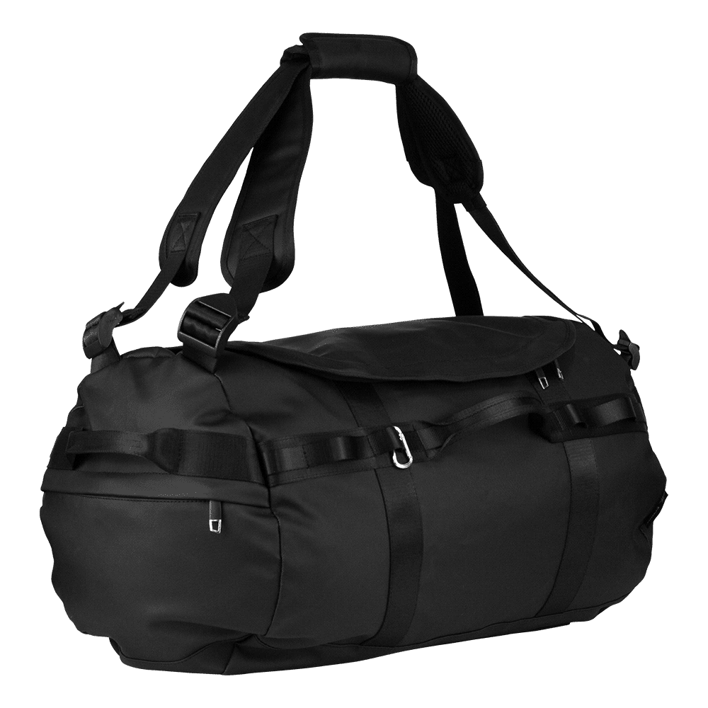 A black duffel bag with multiple straps and a large capacity, featuring a logo on the side.