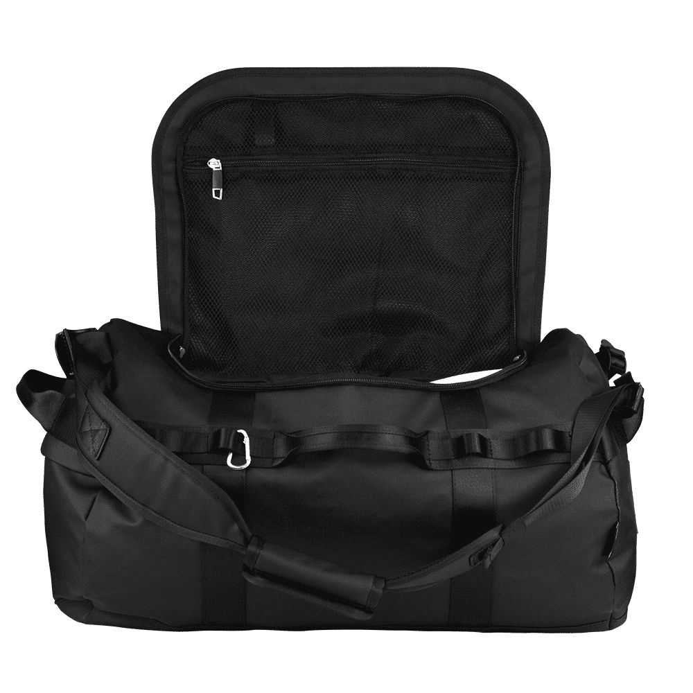A black duffel bag with padded shoulder straps and a logo on the side. Features multiple carrying options.