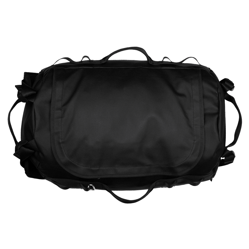 A black duffel bag with adjustable straps and a sleek design, featuring a logo on the side.