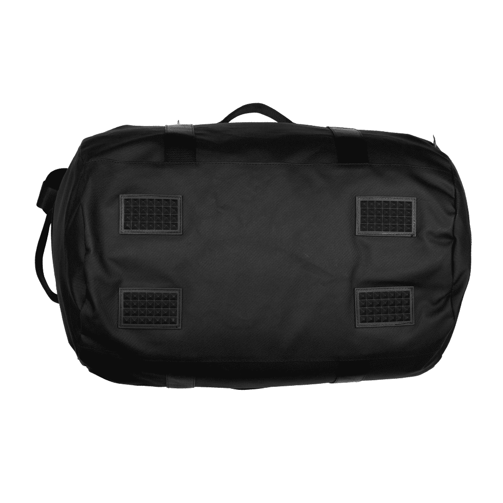 A black duffel bag with a colourful brain graphic and logo, featuring multiple handles and a zipper closure.