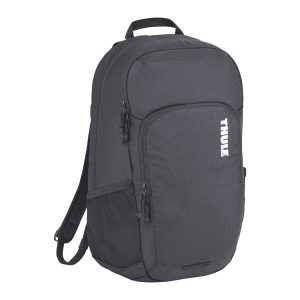 A grey laptop backpack with zippers, mesh side pocket, and a logo prominently displayed.