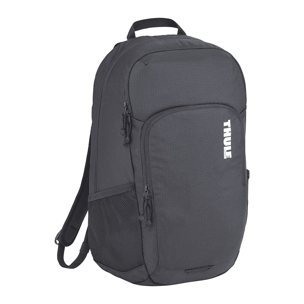 A grey laptop backpack with zippers, mesh side pocket, and a logo prominently displayed.