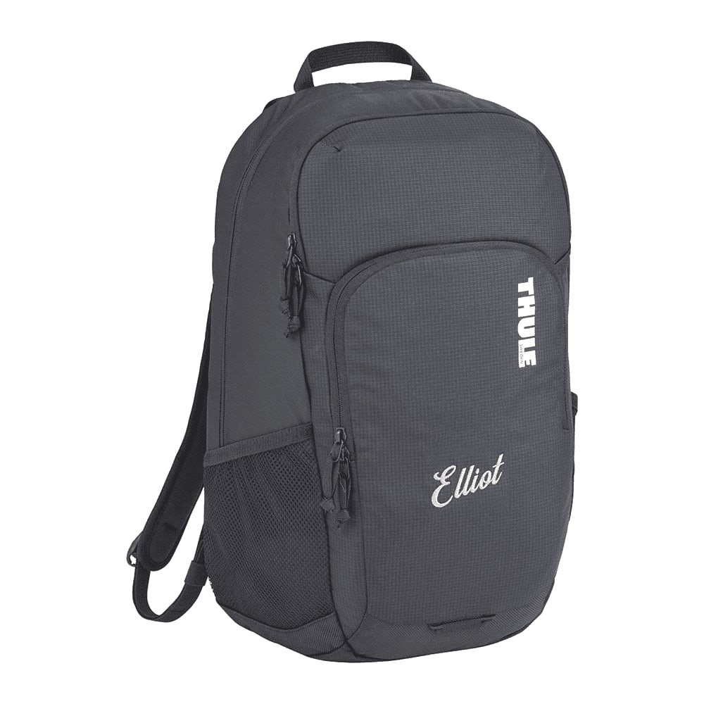 A black laptop backpack with padded back and adjustable straps, featuring a branding logo.