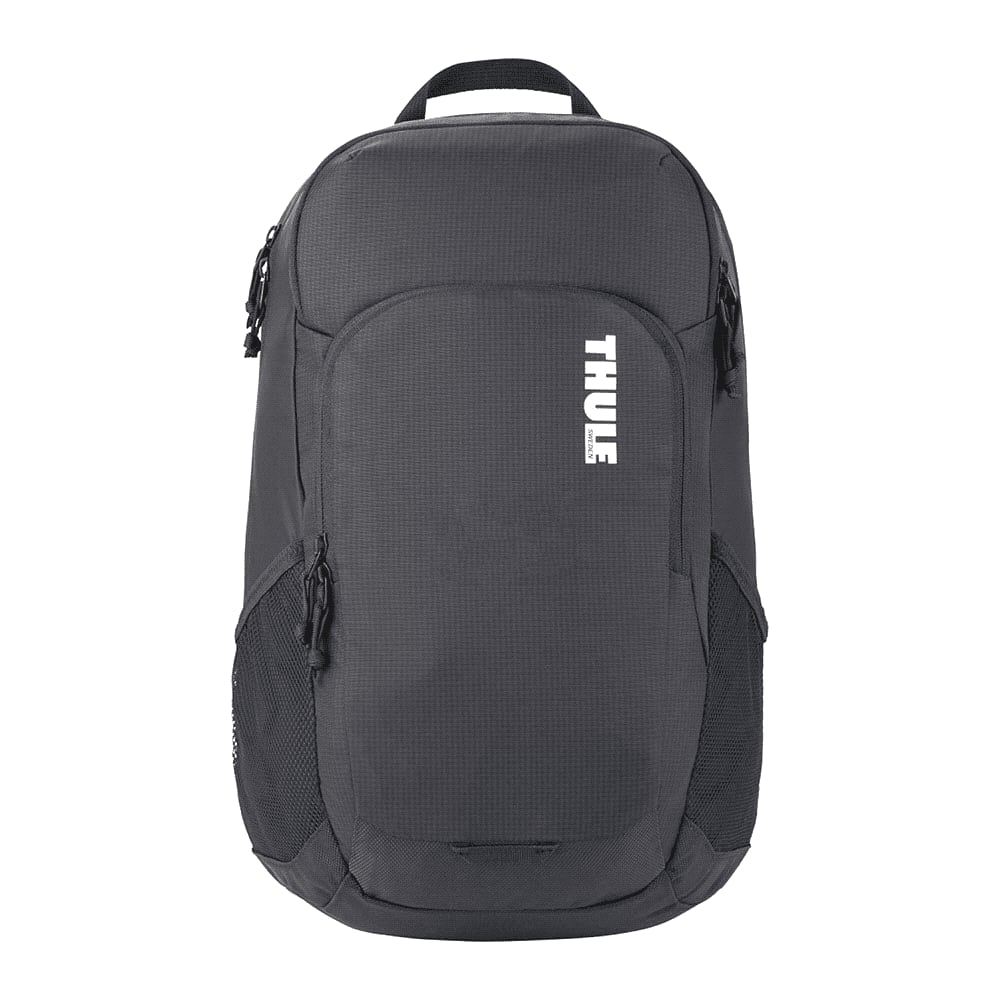 A black Thule Achiever 15 laptop backpack with zippered compartments and a mesh side pocket. Features a logo.