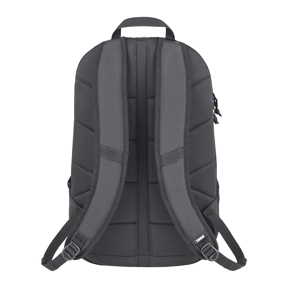 A black laptop backpack with multiple compartments, a drink bottle, sunglasses, and a towel. It features a logo.
