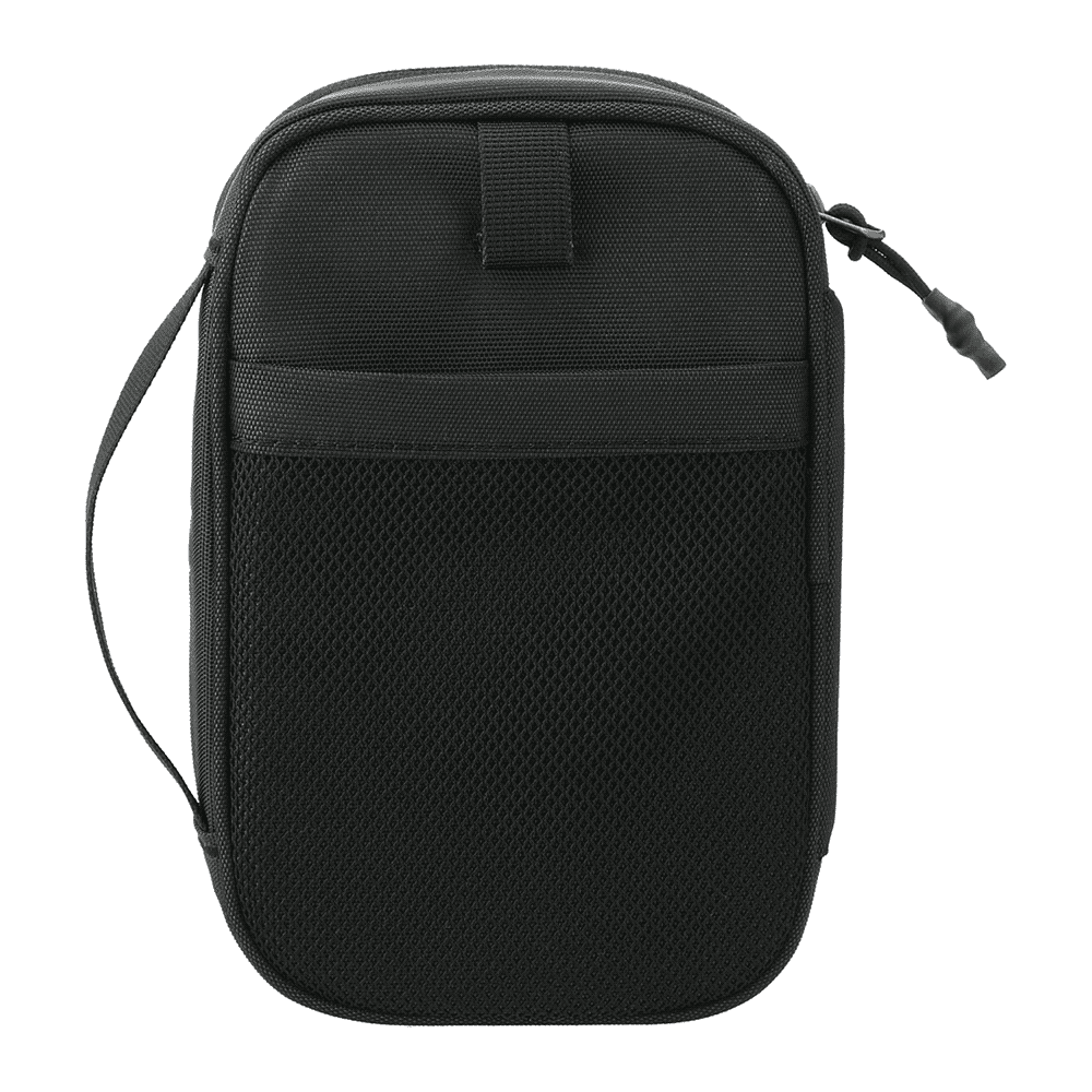 A black toiletry bag with a handle and a logo on the front, featuring a zip closure.