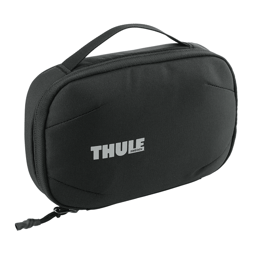 A black toiletries bag with a mesh front pocket and a zipper closure. It features a handle for easy carrying.
