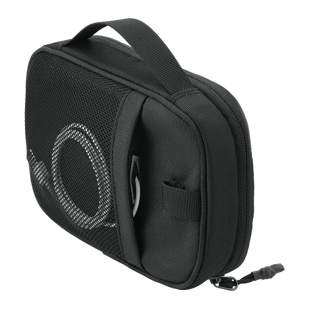 A black toiletry bag with a handle and branding, featuring a zip closure and textured surface.